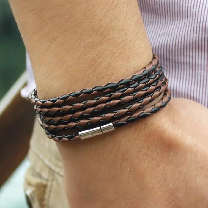 TYO mode 5 couches Bracelets en cuir et Bracelet à breloques fait à la main corde ronde tourner boucle