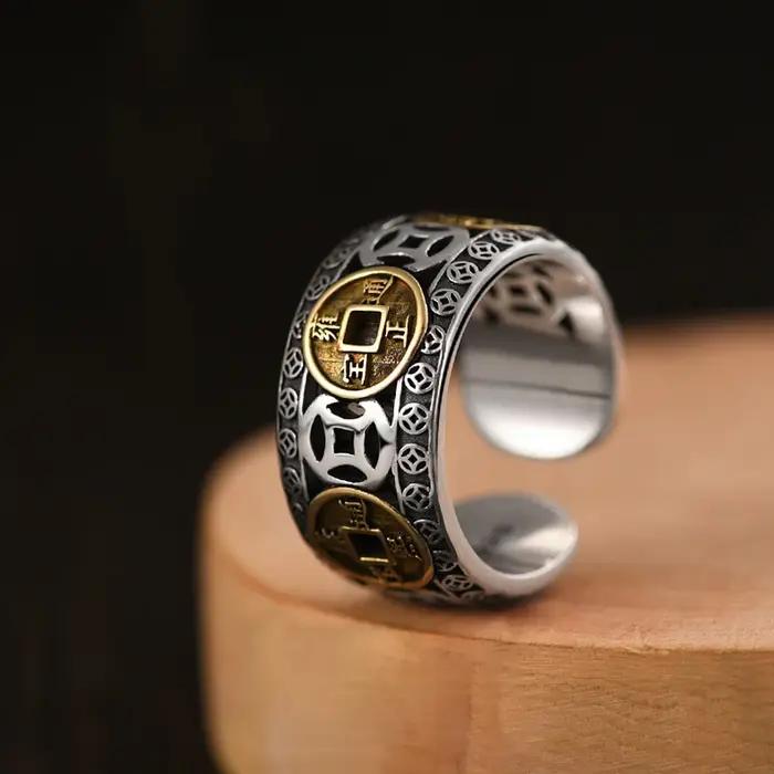 Bague d'ouverture de pièce de monnaie en cuivre rétro chinois pour hommes et femmes