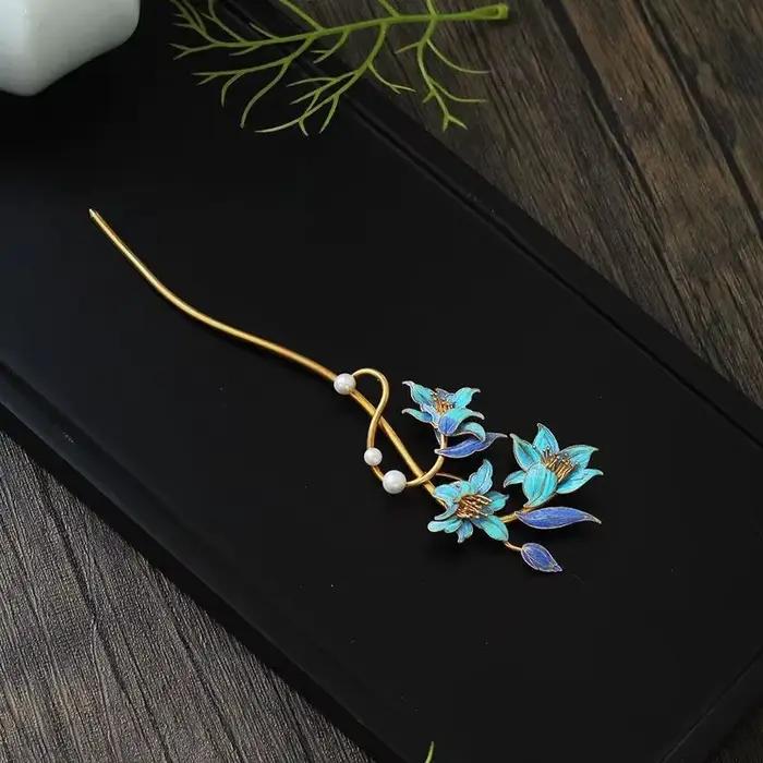 Diadème de fleur de lys bleu avec perle d'émail
