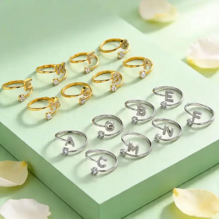 Bagues Chic en Zircon avec Initiale A-Z pour Femmes et Filles
