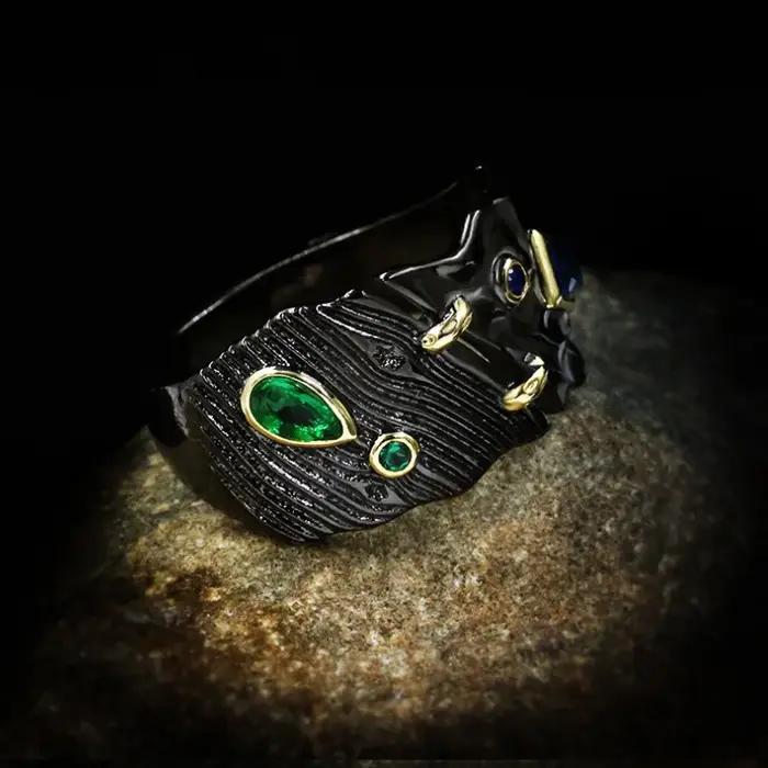 Bijoux créatifs en or noir pour femme bague en relief pierre de document noire collier style ethnique rétro boucles d'oreilles 3 pièces engagement