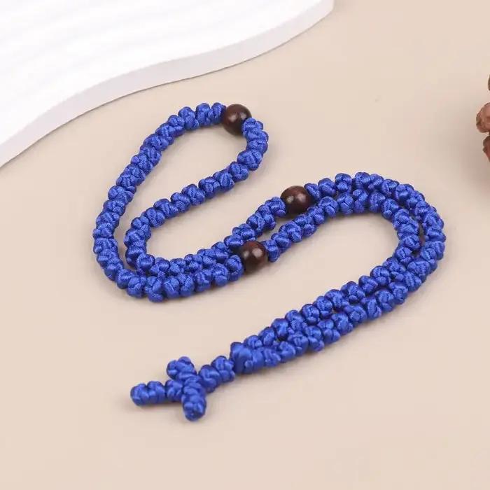 Collier à nœuds noir/bleu fait main, chapelet religieux orthodoxe, corde de prière, bijou croix, cad