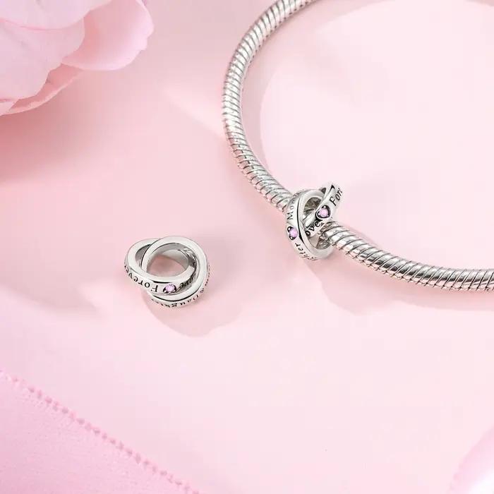 Breloque Anneau Entrelacé Mère Fille en Argent Sterling 925 avec Perle Pendante CZ Rose Cadeau Occasion Spéciale Femme