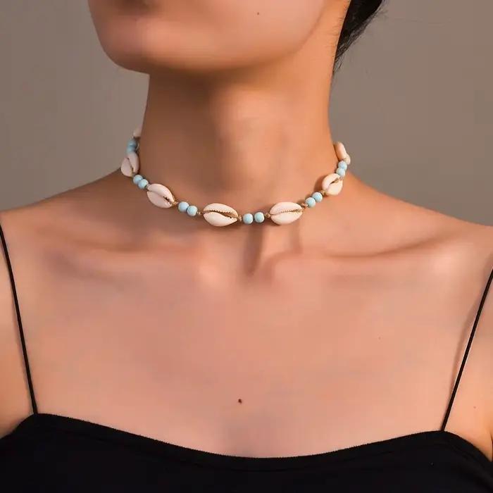 Nouveau collier de perles en coquillages ajustable, chaîne tressée en coquillages violet/bleu/rose/blanc, chaîne de cou ajustable pour femme
