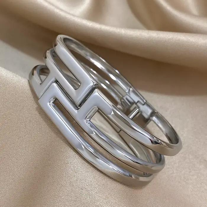 Greatera – Bracelet métallique à ouverture en métal lourd pour hommes, deux tons ajourés, géométrie Chic, haute qualité, bijoux pour femmes, cadeau, nouveau