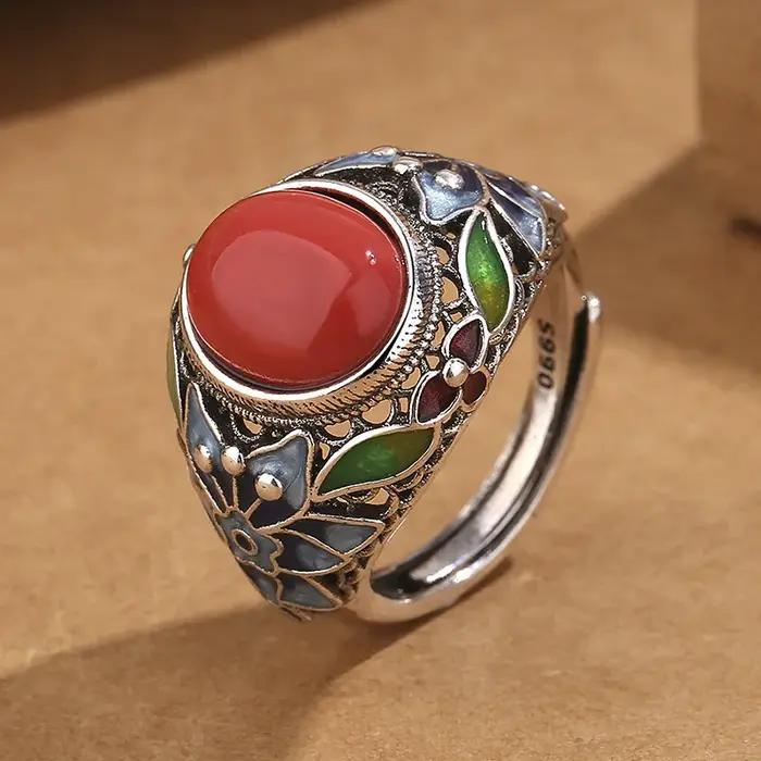 Bague Vintage en Agate Rouge pour Femme, Bijoux, Papillon, Fleur, Accessoires de Doigt