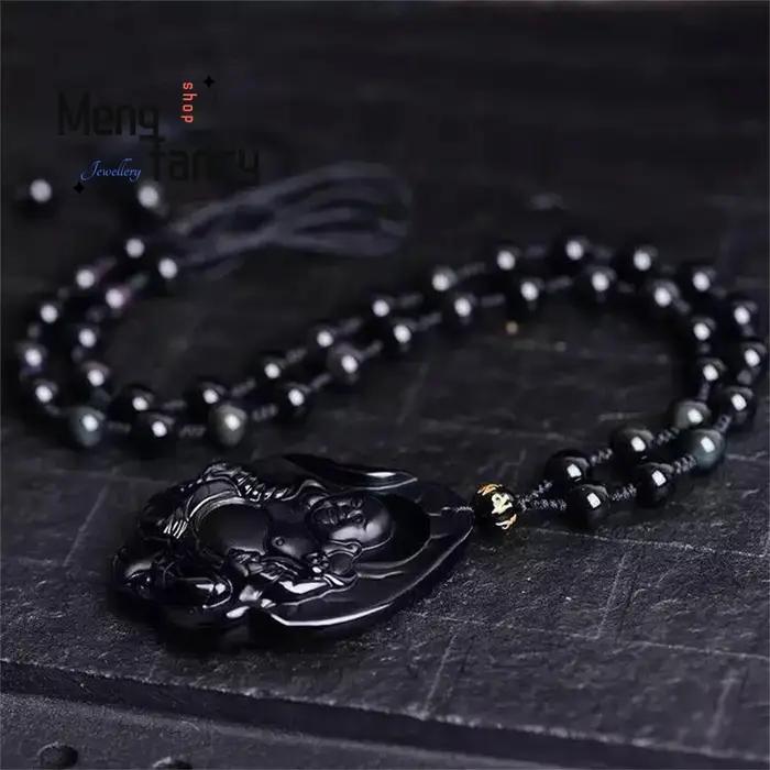 Pendentif bouddha en obsidienne naturelle Ruyi Maitreya