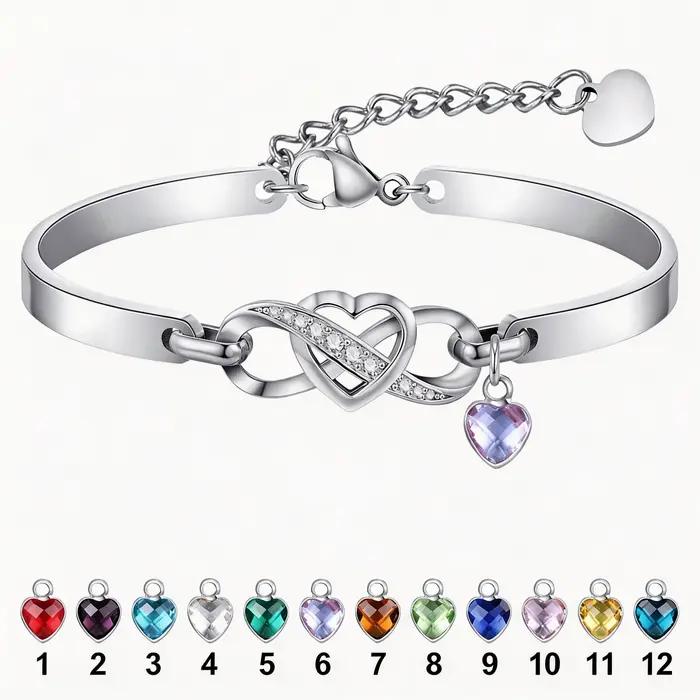 Bracelet Cœur Infini pour Femme, Jonc Ajustable en Acier Inoxydable Argenté, Bijou Breloque Pierre de Naissance 12 Mois, Cadeau