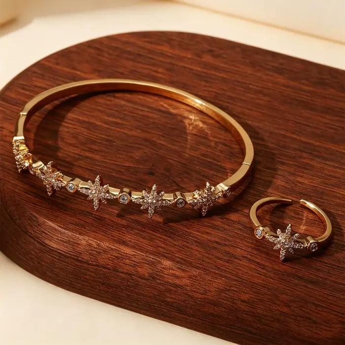 Ensemble de bagues et bracelets ajustables en zircon plaqué or pour femme, motif étoile, style minimaliste, élégant, bijoux de mode, cadeau pour elle, usage quotidien