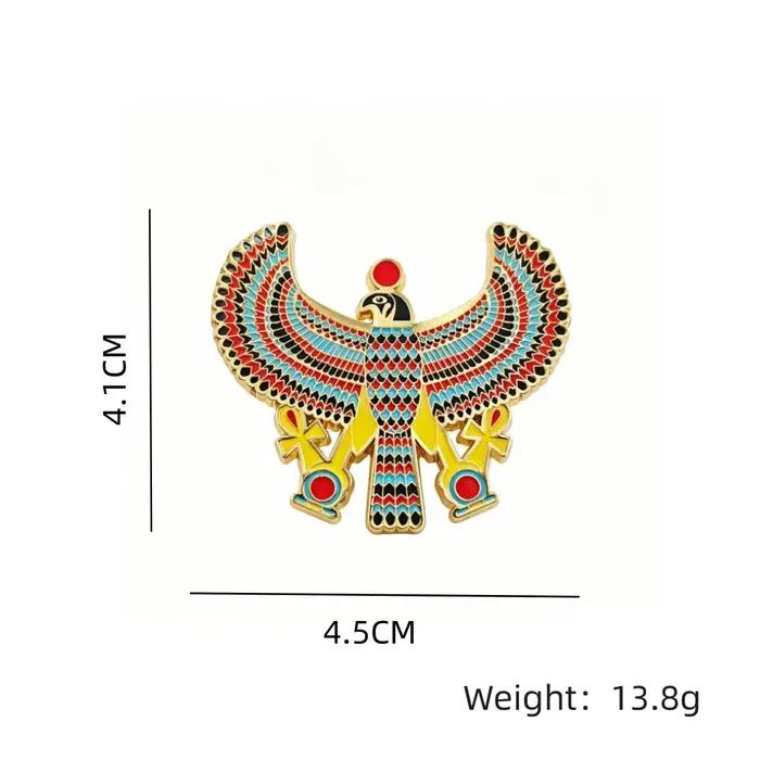 Broche émaillée Faucon Horus égyptien, Aigle ailé, Croix Ankh, Disque solaire, Bijou de mythologie d