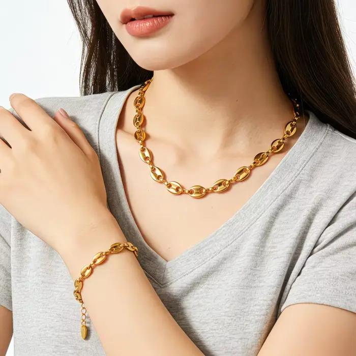 Ensemble collier et bracelet tendance pour homme et femme, couleur or, perles en forme de grains de café, avec fermoir en acier inoxydable, bijoux de cou pour soirée