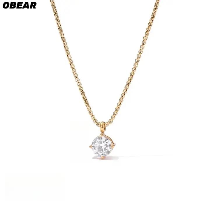 Collier pendentif solitaire en acier inoxydable – Bijoux minimalistes incrustés de cristal doré/argent pour femmes