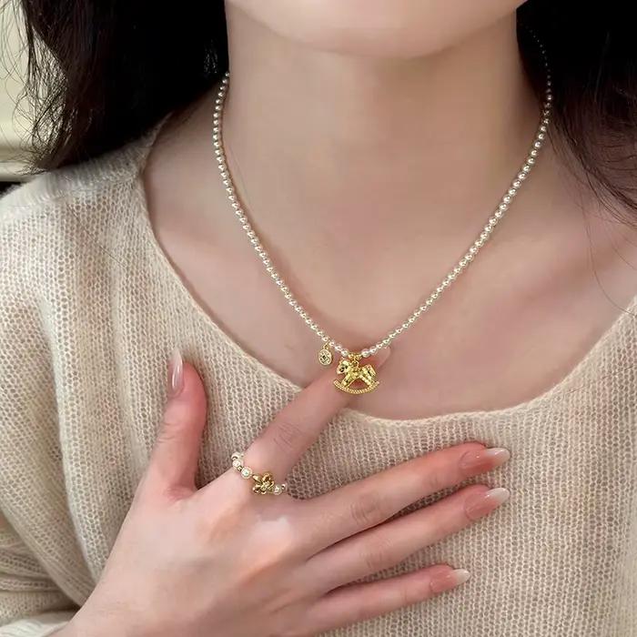 Ensemble de bijoux de noël, chaîne de perles, couleur or, pendentif Trojans, collier pour femmes, bijoux tendance, accessoires élégants, cadeau