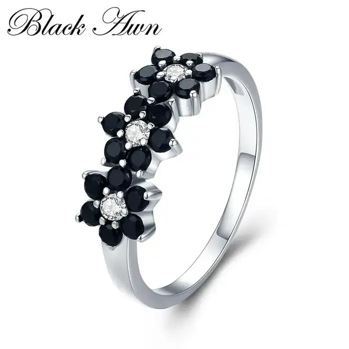 Noir awn nouveau mignon couleur argent Bijoux fleur Bague