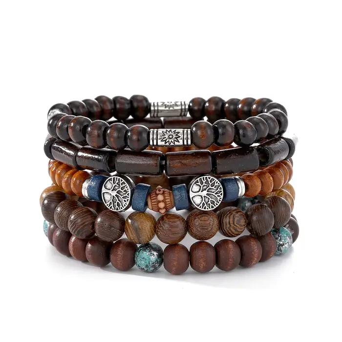 Bracelets multicouches en perles de bois pour hommes, style bohémien, rétro, arbre de vie, extensibles, Hip Hop, accessoires bijoux de fête