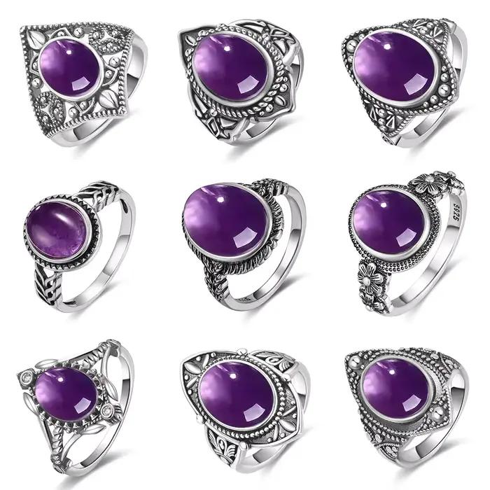 Bague Vintage en argent Sterling S925, ovale, ronde, améthyste naturelle, en forme de soleil et de fleur, bijoux fins rétro pour femmes et hommes