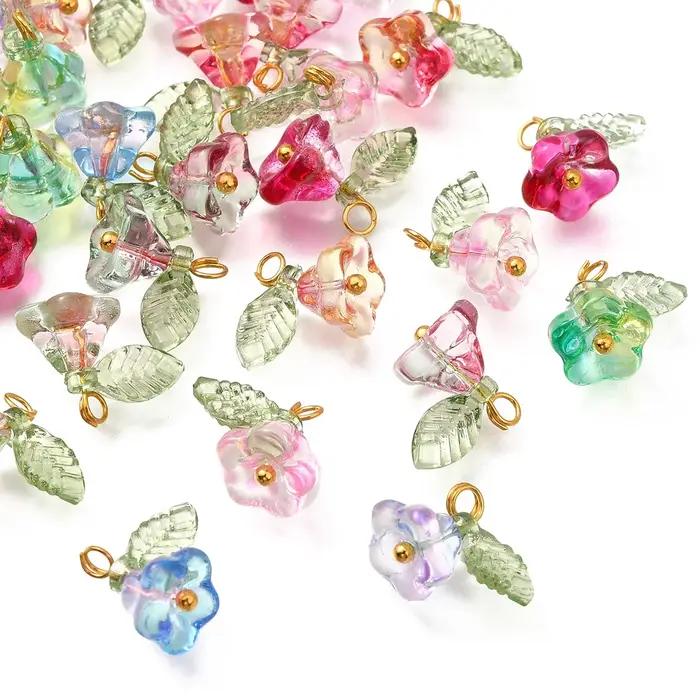 Pendentifs en verre avec résultats en laiton doré, 30 pièces, 6 couleurs, breloques florales pour fe