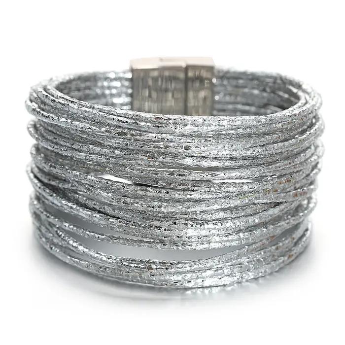 Amorcome Simple couleur mixte brillant Bracelets en cuir pour Femme mode Boho bandes multicouches large Bracelet