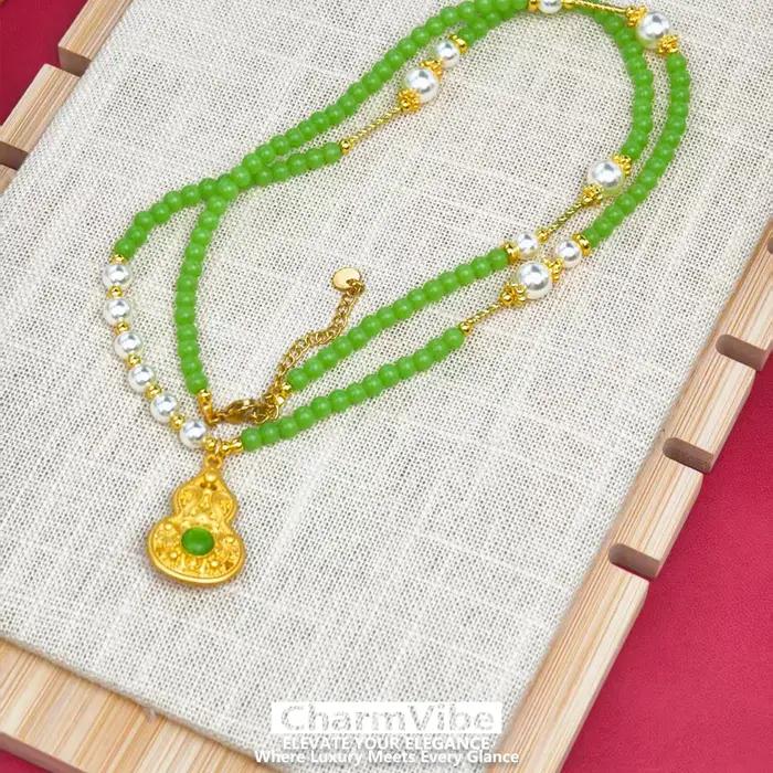 Collier en pierre verte avec pendentif gourde dorée pour femmes, bijoux vintage pour mariage et anniversaire
