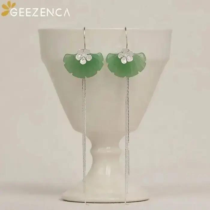 GEEZENCA Aventurine feuille de Ginkgo 925 argent fleur longue gland balancent boucles d'oreilles femmes délicat à la mode déclaration boucle d'oreille cadeau