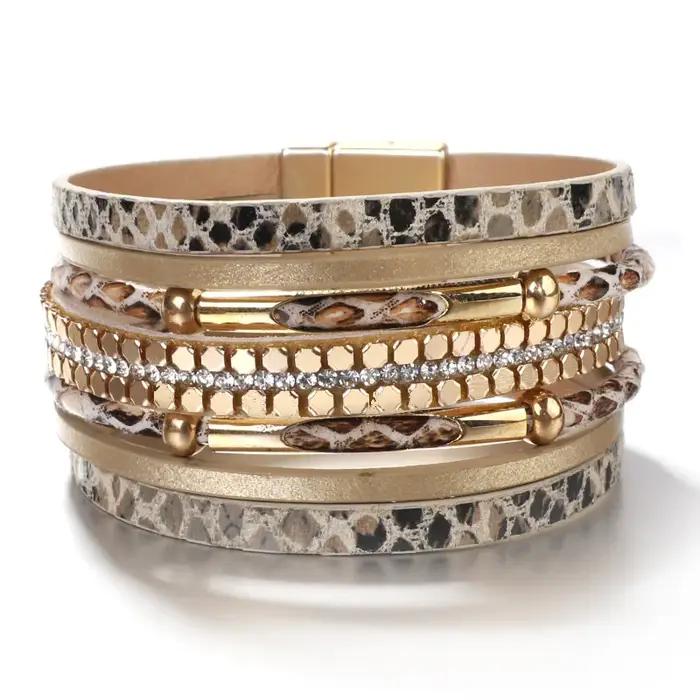 ALLYES cristal peau de serpent Bracelets en cuir pour femmes mode bohème multicouche bracelet à brel
