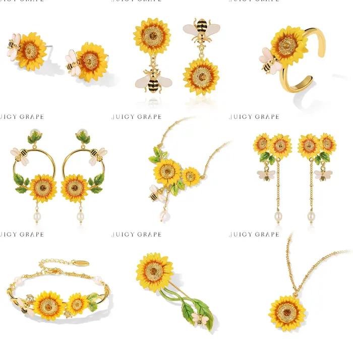 Bijoux en émail tournesol raisin juteux plaqués d'or 18 carats émail peint à la main pour femmes occasions spéciales mariage party élégance sophistiquée