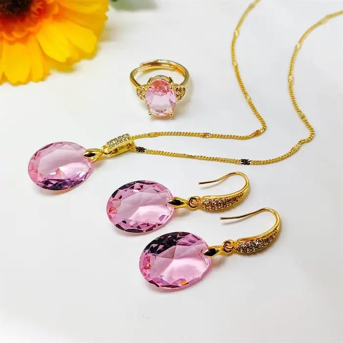 Ensemble de 3 boucles d'oreilles ovales en cristal rose pour femme