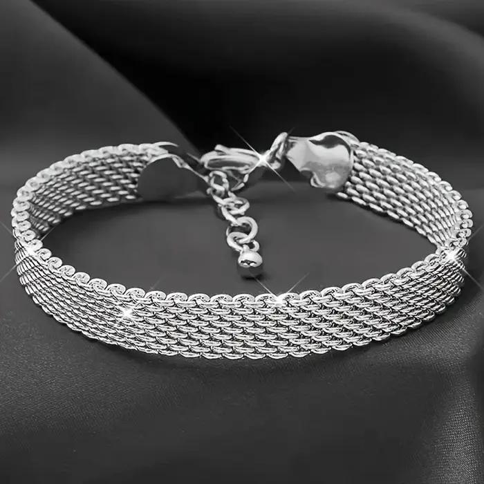 Bracelet en argent sterling 925 avec breloques, chaîne élégante, design tressé en maille, scintillan