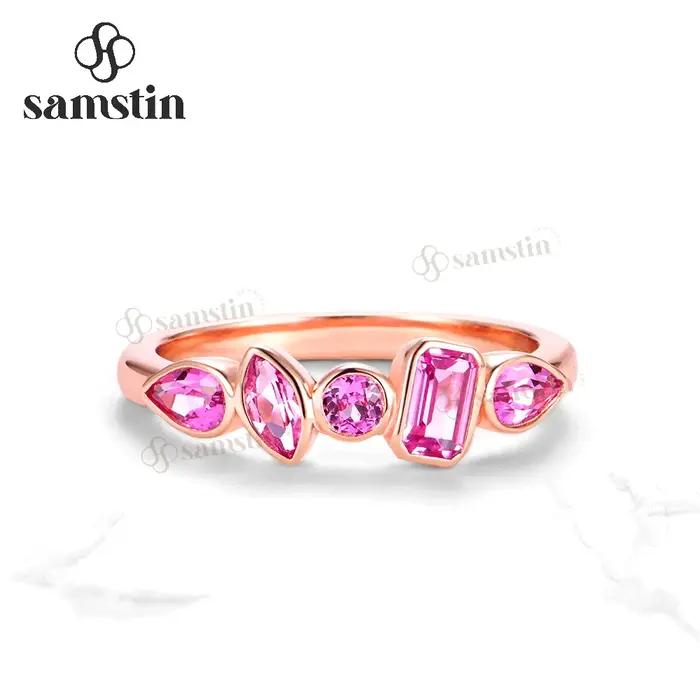 Bague Samstin 1,5 carats en saphir rose de laboratoire pour femme, demi-bague éternité en or rose ma