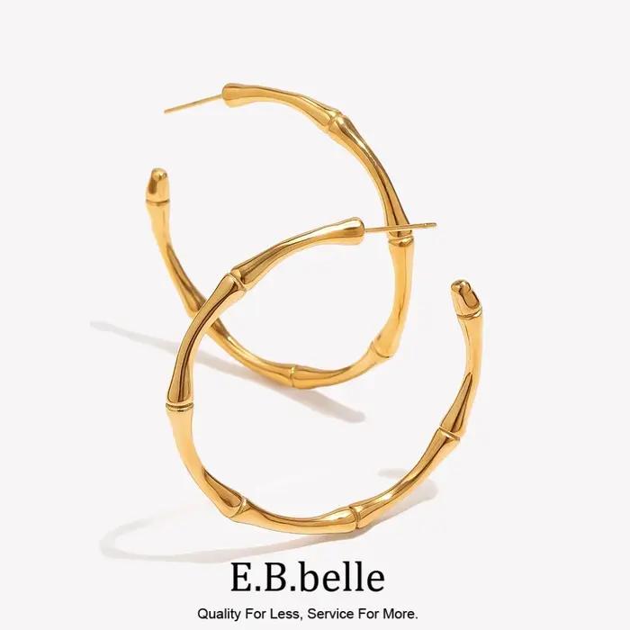 E.B.belle minimaliste basique mince bambou grandes boucles d'oreilles en or pour femmes en acier inoxydable plaqué or étanche femme grand cerceau
