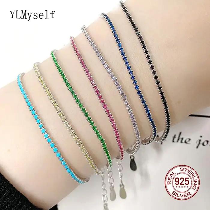 Bracelet de Tennis en argent pur pavé 1.5mm rubis/bleu LT/Turquoise/Montana/blanc/jet/rose/doré/vert couleur Zircon réel 925 bijoux