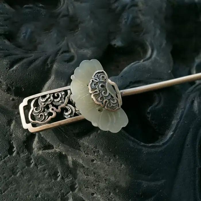 Bijoux de cheveux en jade blanc naturel incrusté d'argent 925, Hetian, style ethnique vintage classique, accessoire hanfu, motif de nuage de cieux