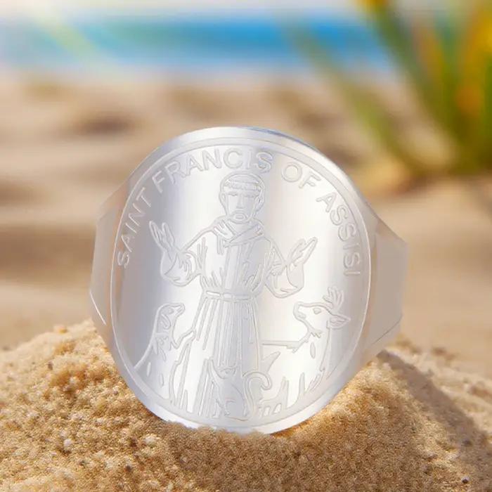 Dawapara Saint François d'Assisi Bague Réglable Patron Catholique Saint Animal Advocate Cadeaux Bijoux en Acier Inoxydable