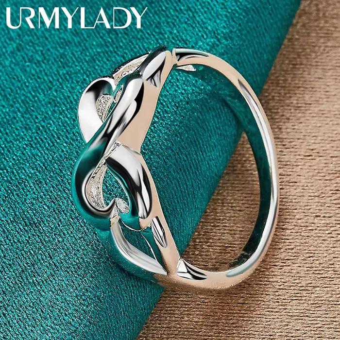 URMYLADY Argent Sterling 925 Double Coeur 7-10 # Bague pour femmes amoureux, bijoux de charme à la