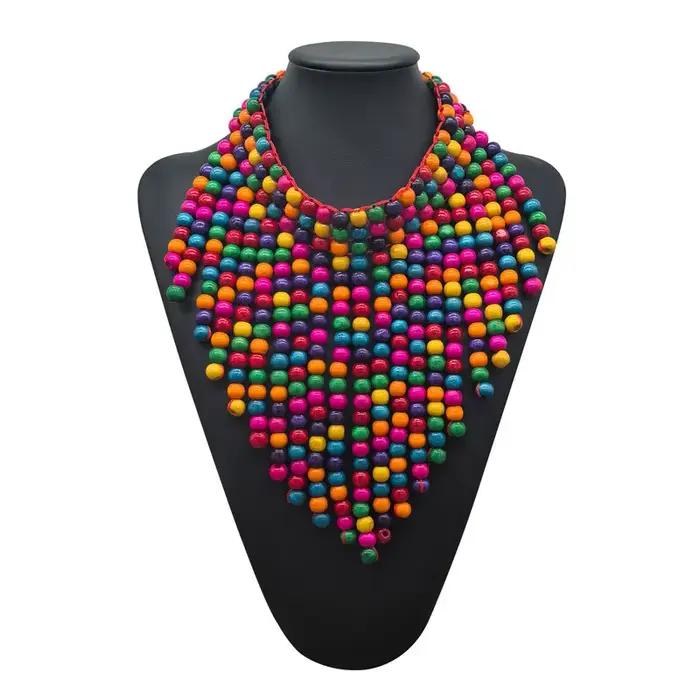 Collier bohème multicouche de perles en bois colorées, Long accessoire de Style ethnique exagéré pou