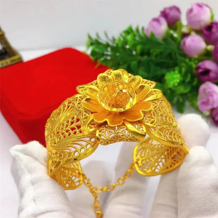Bracelet pour femme en or 24 carats avec chaîne vietnamienne et fleur - Design ouvert + artisanat micro-incrustation de