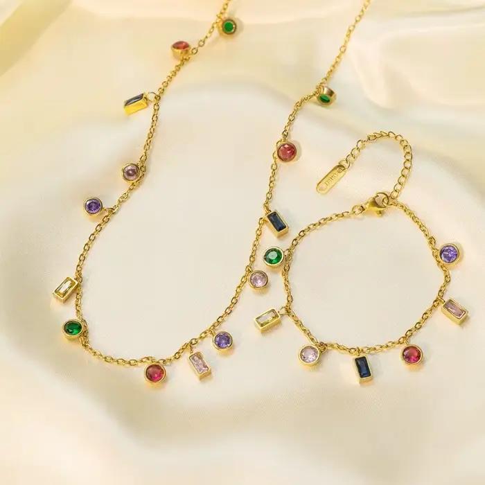 Kolmnsta-Collier à pampilles en cristal pour femmes et filles, tour de cou plaqué or, bracelet en acier au titane, ensembles de bijoux colorés, carré