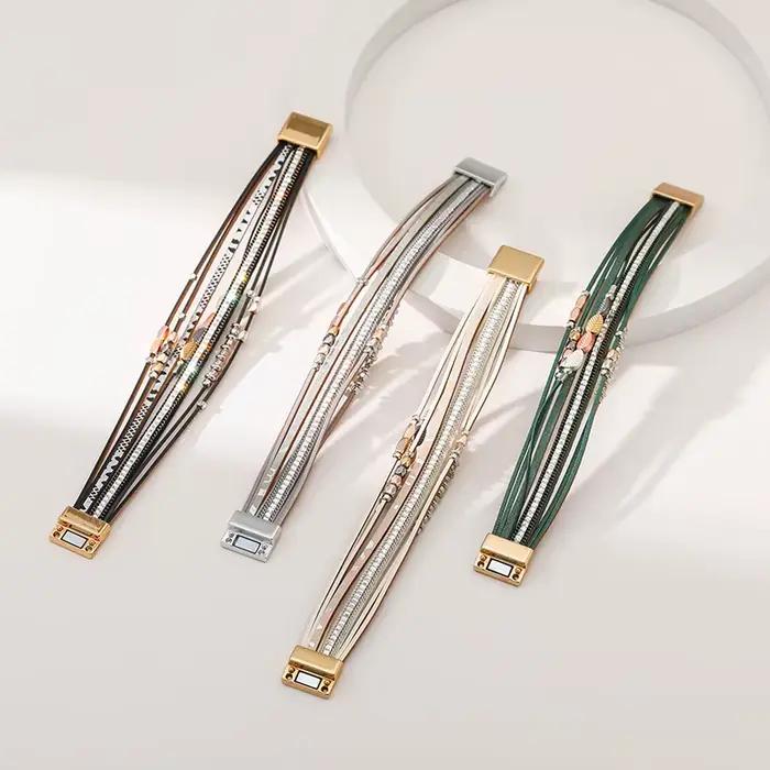 Bracelets en cuir multicouches bohème pour femmes, mode vintage, bracelet perlé, bijoux créatifs faits à la main, cadeaux porte-bonheur féminins