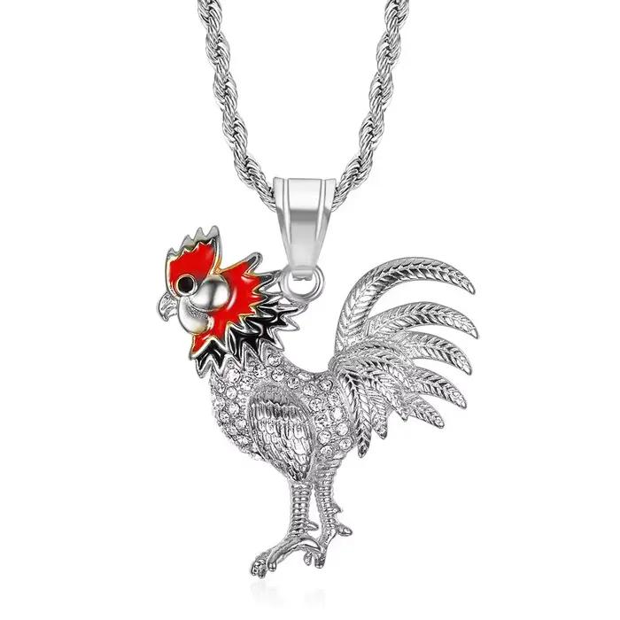 Collier avec pendentif coq glacé pour hommes et femmes, chaînes en acier inoxydable de couleur or, b