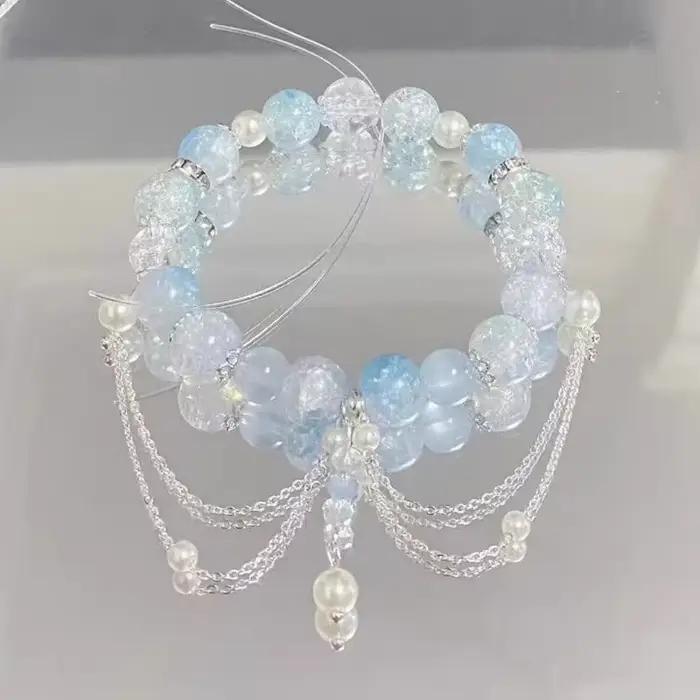 Bracelets en perles de cristal de verre bleu clair pour femme