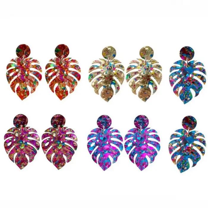 Boucle d'oreille en forme de feuille irisée colorée à paillettes acryliques