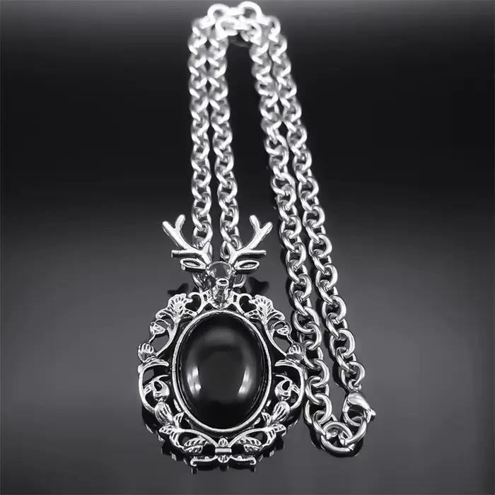 Collier néo-gothique en acier inoxydable avec pendentif en pierre artificielle pour femmes et hommes occasions spéciales mariage bal anniversaire fete