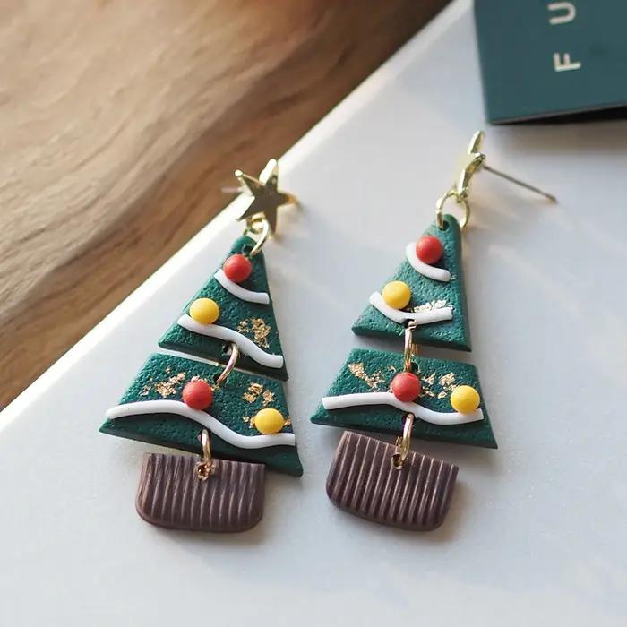 Boucles d'oreilles arbre de noël en argile polymère pour femmes