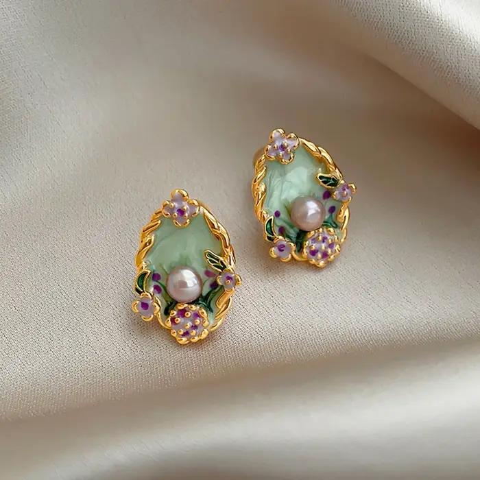 Boucles d'oreilles Vintage en perles de fleurs pour femmes et filles, boucles d'oreilles rétro corée