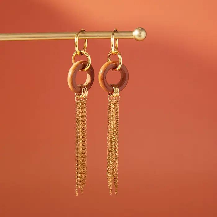 Uworld Boucles d'oreilles vintage à double boucle en bois avec pompon pour femme, en acier inoxydable plaqué or PVD, bijoux de mode pour femme, cadeaux 2026