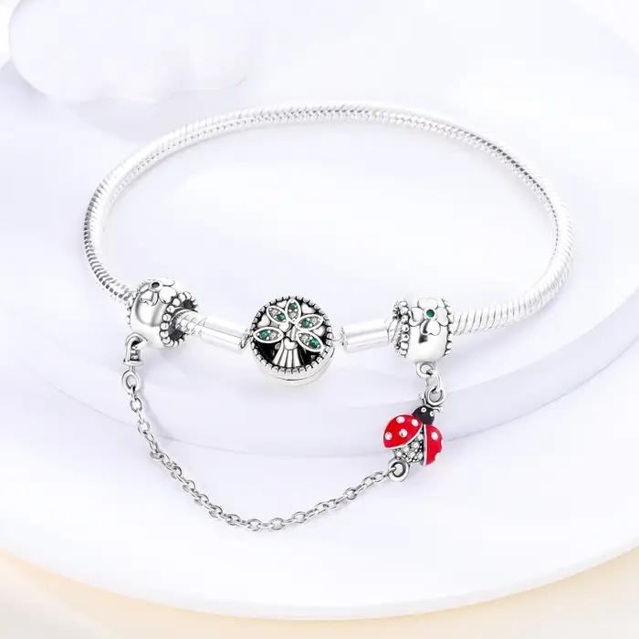Bracelet porte-bonheur anti-perte en argent sterling 925 avec émail rouge et pendentif coccinelle pour femme