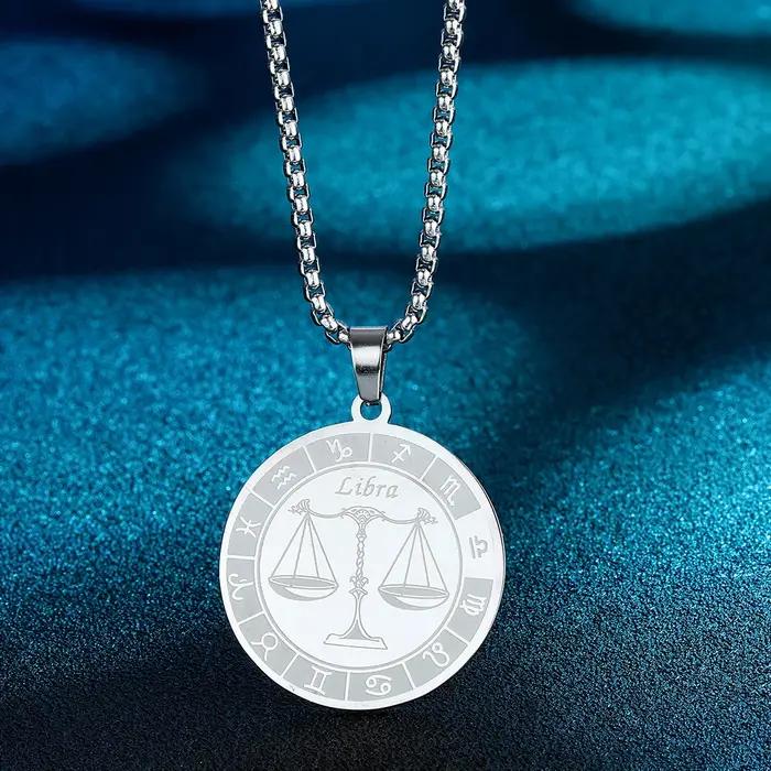 Collier signe du zodiaque en acier inoxydable unisexe pendentif constellation balance bijou cadeau femme homme occassions spéciales