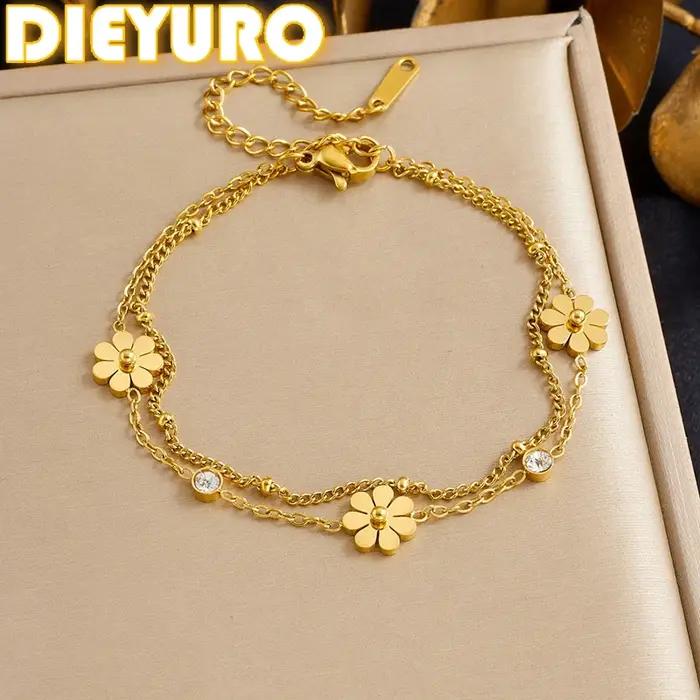 Bracelet floral en acier inoxydable doré brillant DIEYURO pour femmes mode vintage occasions spéciales