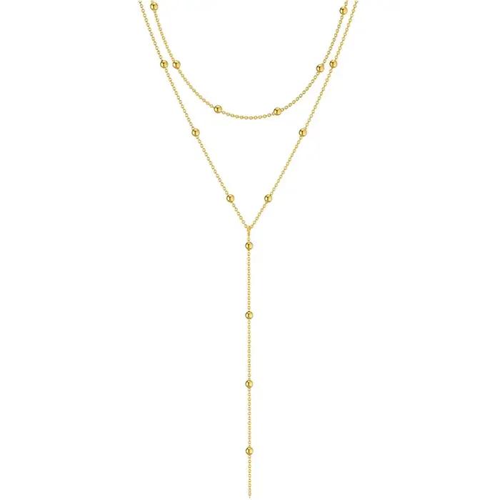 Collier long délicat plaqué or 14 carats avec pendentif Y couches de perles cz bijou acier inoxydable pour femmes occasions spéciales