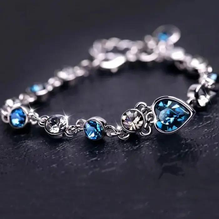 Femmes couleur argent Bracelet chanceux femme bleu cristal coeur breloque Pulseras